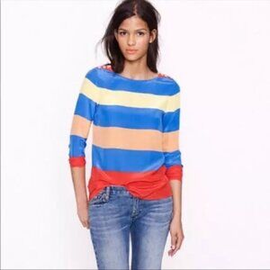J. Crew Blue Orange Red Striped 100% Silk 3/4 Sleeve Blouse Anchor Top Shirt 4